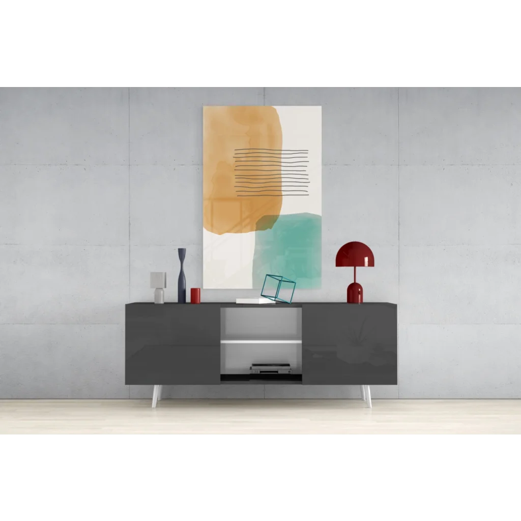 Modern teal and amber abstract wall art canvas with bold orange brushstrokes