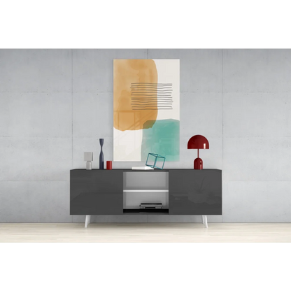 Modern teal and amber abstract wall art canvas with bold orange brushstrokes