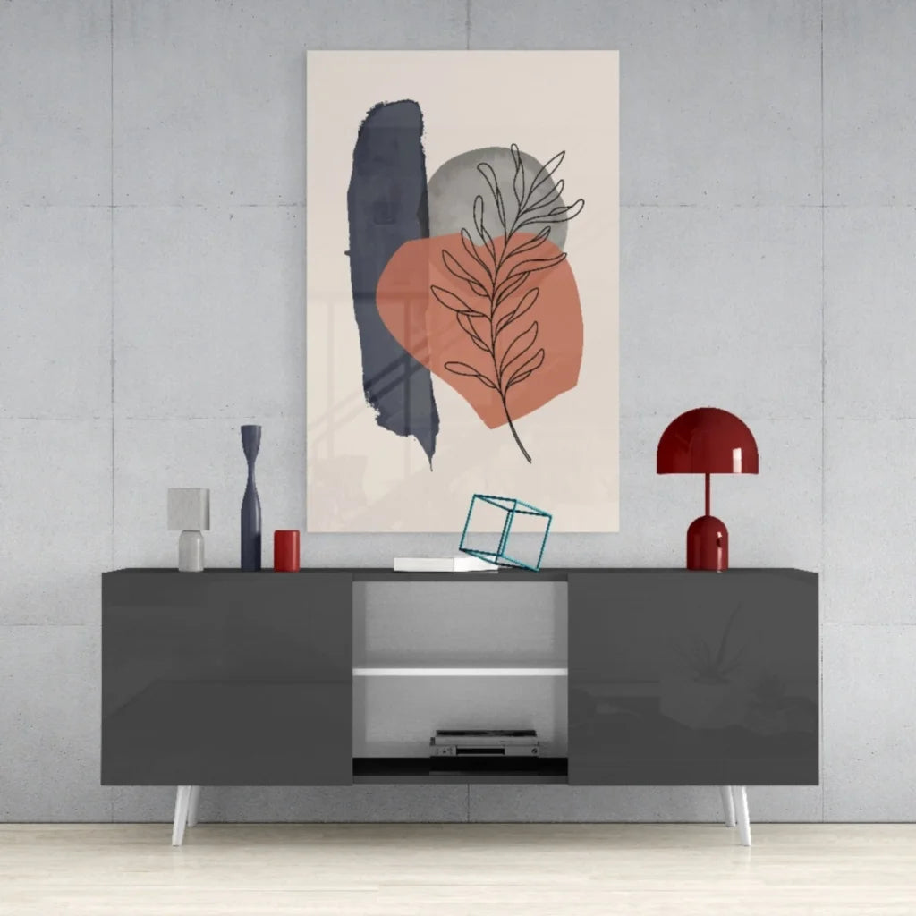 Navy terracotta abstract botanical wall art canvas print with geometric shapes and foliage