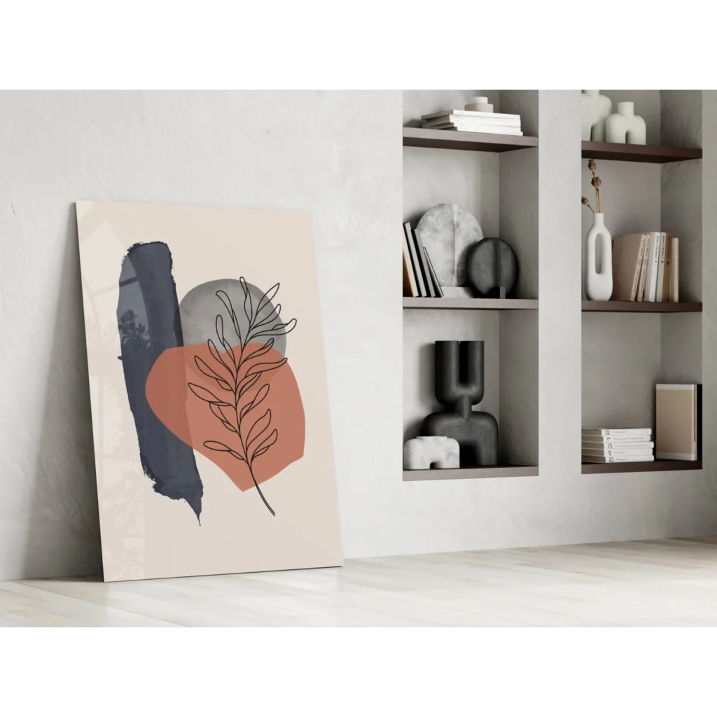 Navy terracotta abstract botanical wall art canvas print with geometric shapes