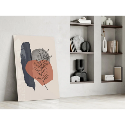 Navy terracotta abstract botanical wall art canvas print with geometric shapes