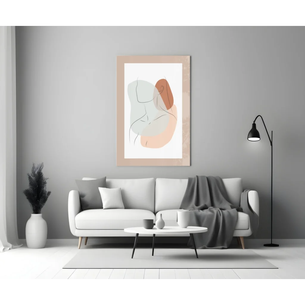 Pastel abstract minimalist wall art print in beige frame with soft peach and sage shapes
