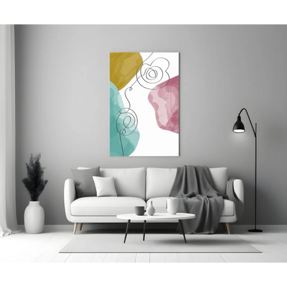 Bold geometric watercolor wall art in mustard, teal, and rose on canvas