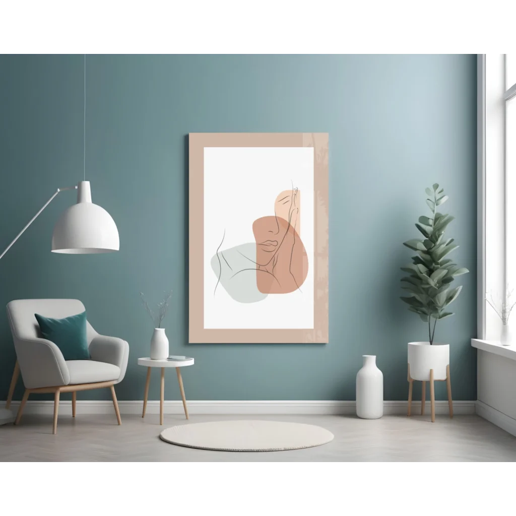 Peach and green abstract face wall art print in light wood frame