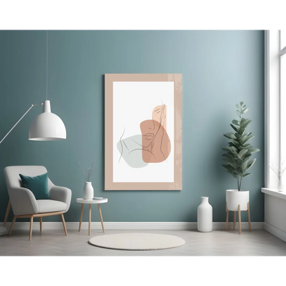 Peach and green abstract face wall art print in light wood frame