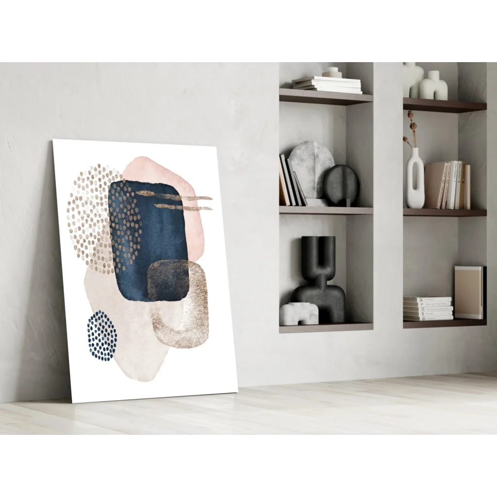 Modern navy blush abstract canvas wall art with textured gold dots