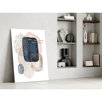 Modern navy blush abstract canvas wall art with textured gold dots