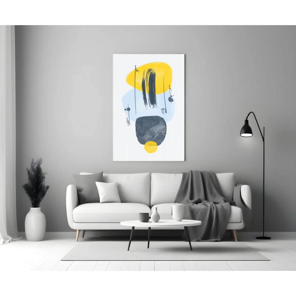 Bold abstract glass wall art with yellow, black, and blue brushstrokes