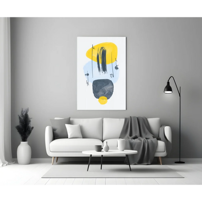 Bold abstract glass wall art with yellow, black, and blue brushstrokes