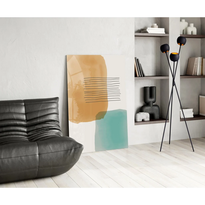 Stunning teal and amber abstract wall art canvas with minimalist lines