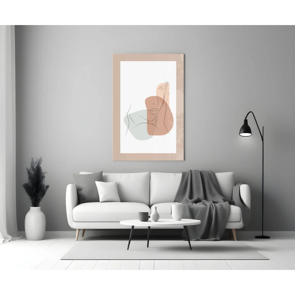 Peach and green abstract face wall art print in minimalist thin-line style