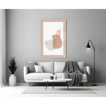 Peach and green abstract face wall art print in minimalist thin-line style