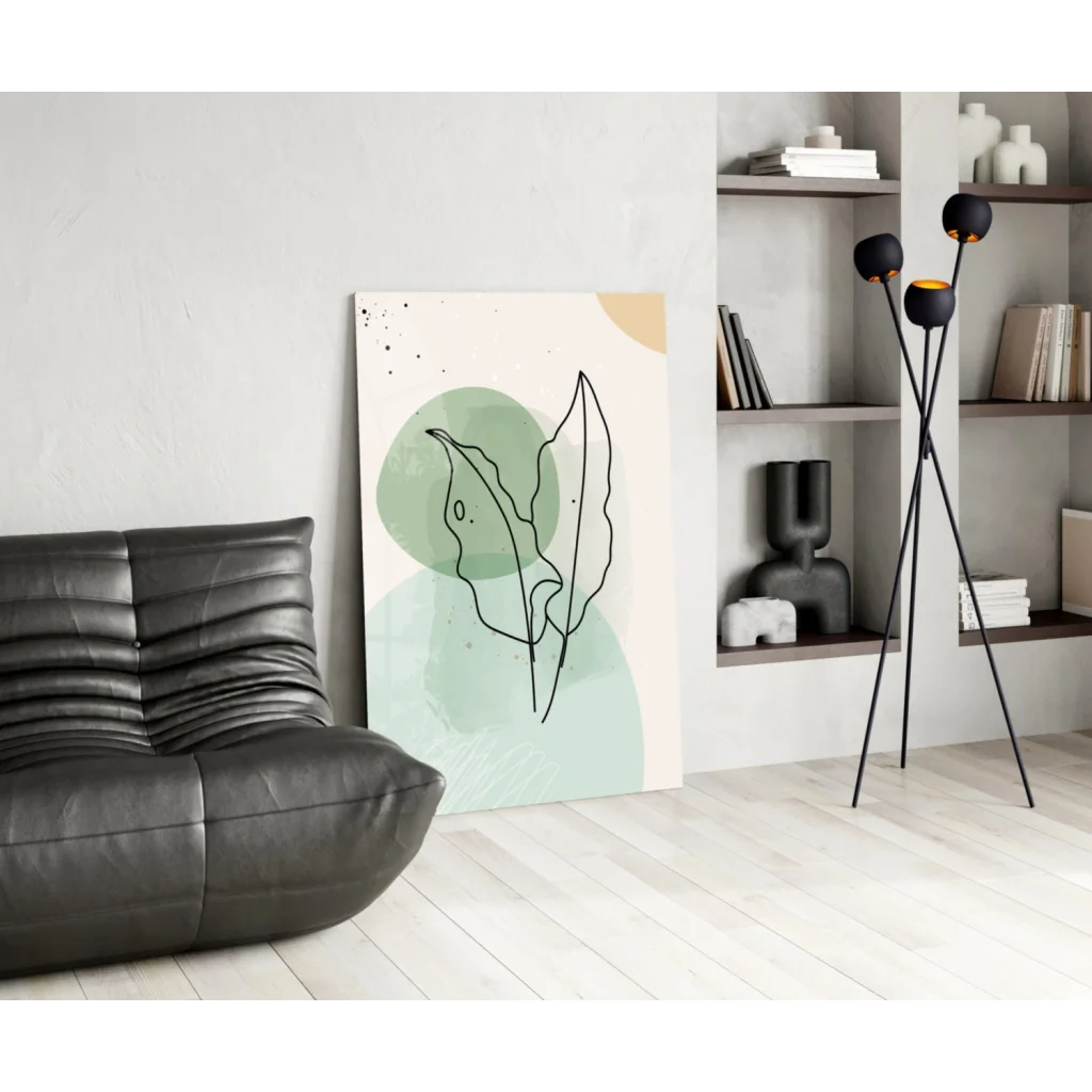 Minimalist leaf glass wall art print in mint green and beige