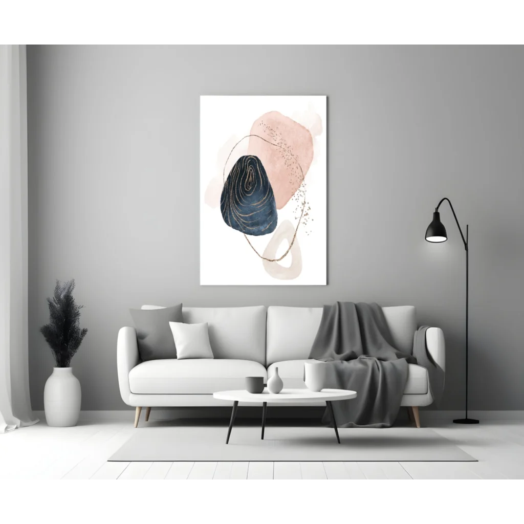 Navy blue and blush pink abstract canvas wall art with gold accents