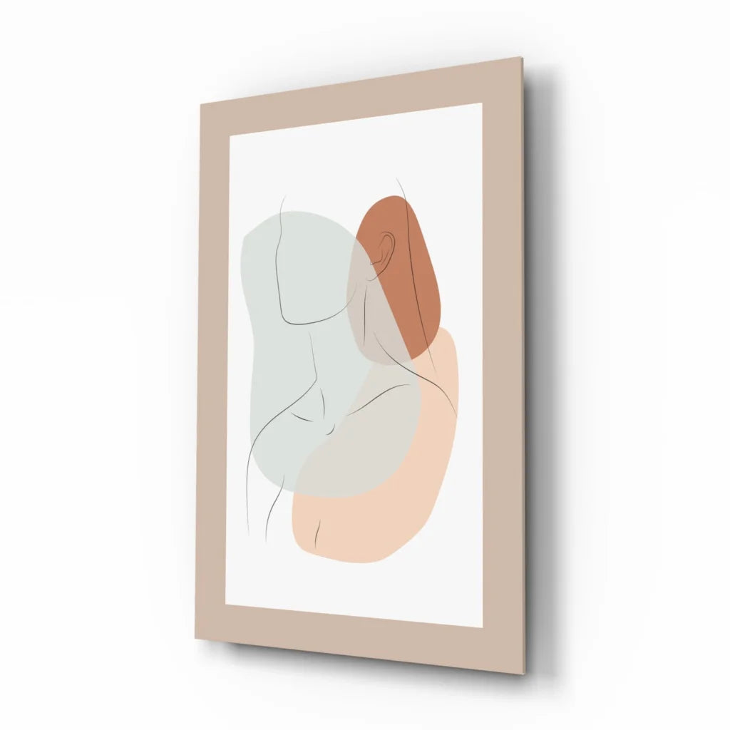 Beige-framed pastel abstract wall art print with minimalist figures