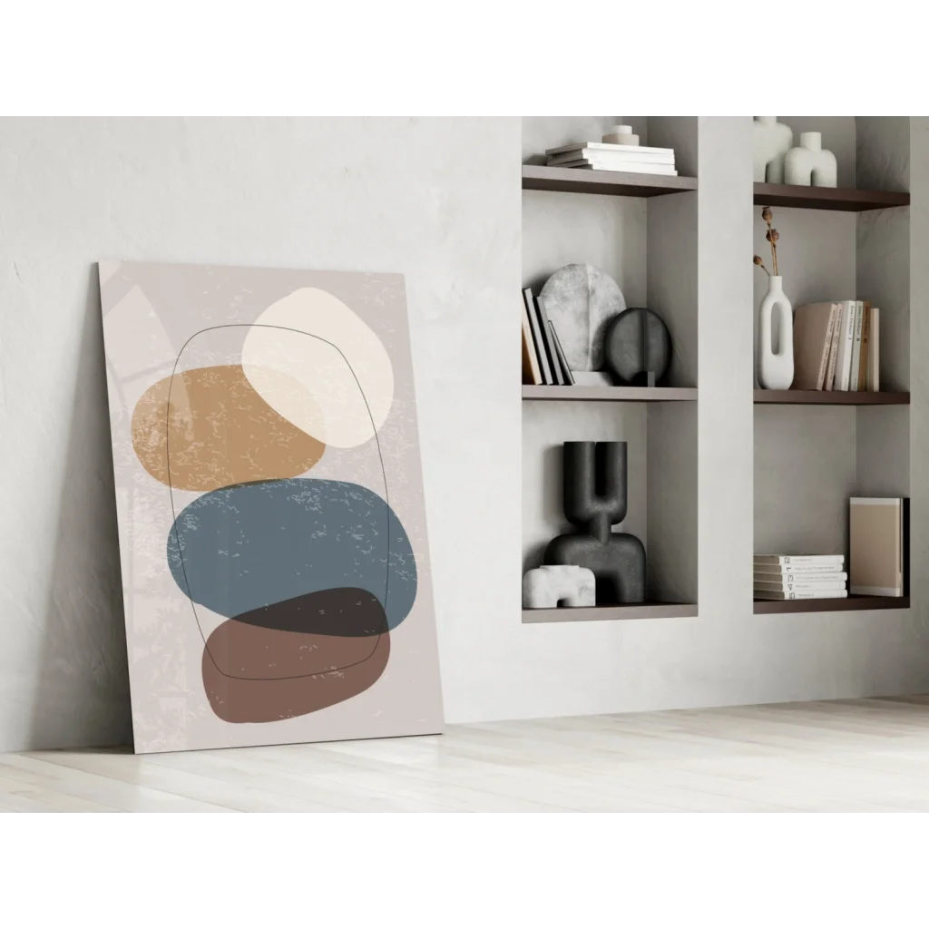 Modern glass wall art of abstract ovals in beige, tan, blue-gray, brown on textured background