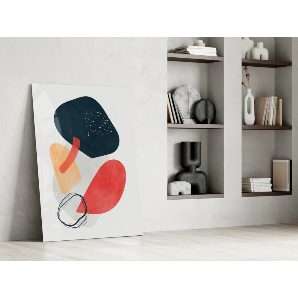 Bold abstract glass wall art with navy coral peach geometric shapes