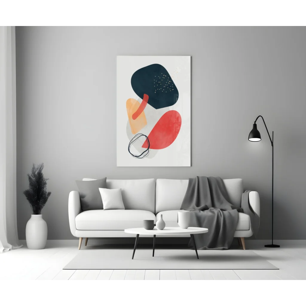 Bold abstract glass wall art with navy, coral red, peach geometric shapes on white