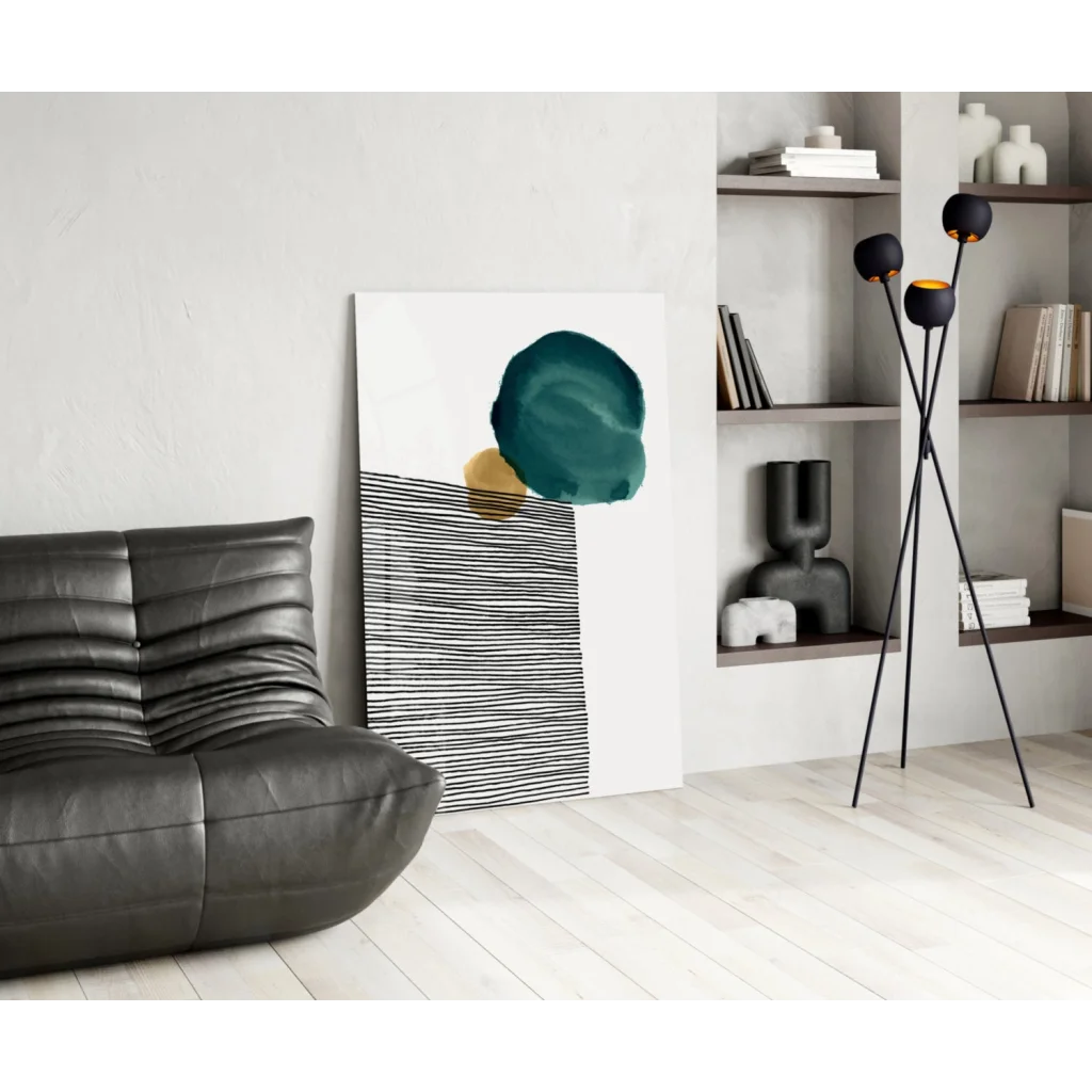 Modern teal gold circle glass wall art with bold stripes