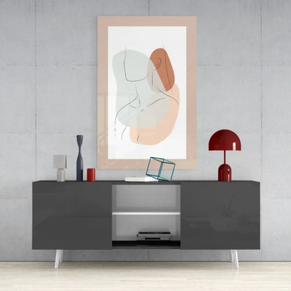 Pastel minimalist wall art print with peach gray figures in beige frame
