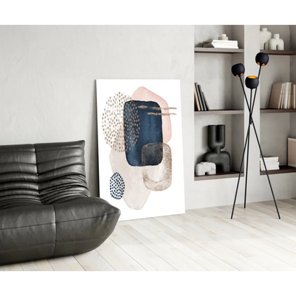 Modern navy blush abstract canvas wall art with textured gold dots