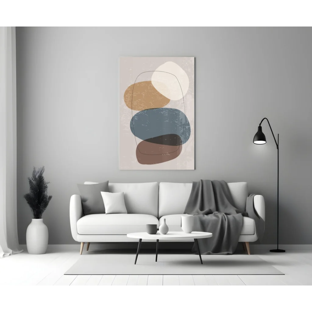 Modern glass wall art print with abstract overlapping circles in beige tones