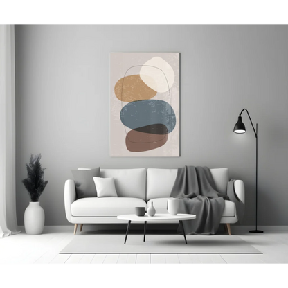 Modern glass wall art print with abstract overlapping circles in beige tones