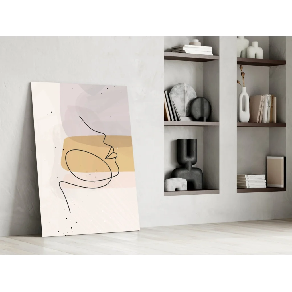 Golden minimalist face line art canvas wall art with black line drawing on beige pink shapes