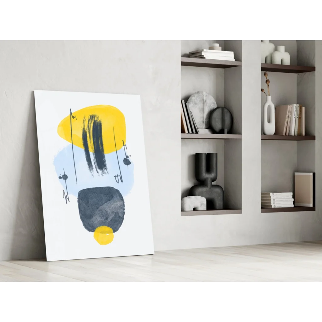 Bold abstract glass wall art with yellow, blue, and black strokes on white