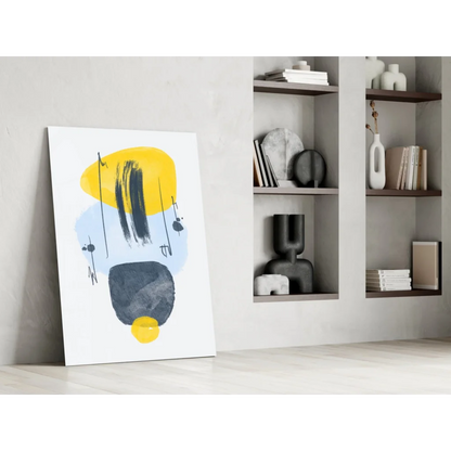 Bold abstract glass wall art with yellow, blue, and black strokes on white
