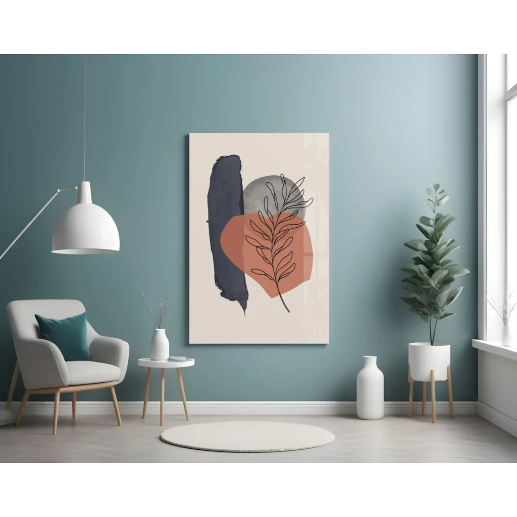Navy terracotta abstract botanical wall art canvas print with bold shapes and leaf
