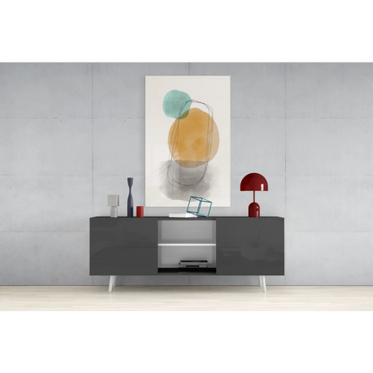 Modern teal and orange watercolor circle glass wall art with abstract overlaps