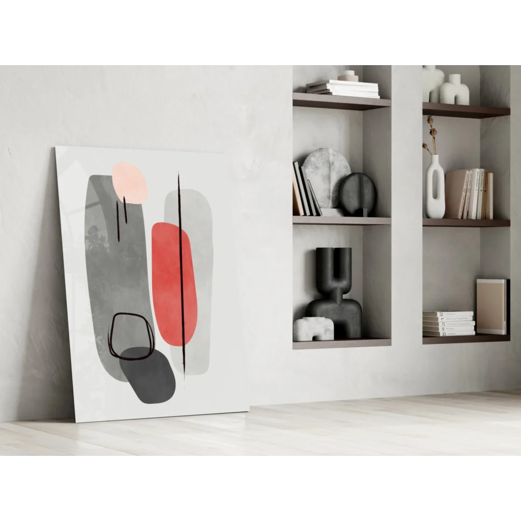 Stunning glass wall art with bold red, gray, black geometric shapes on white canvas