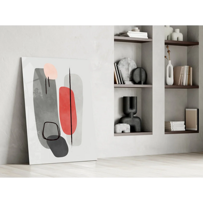Stunning glass wall art with bold red, gray, black geometric shapes on white canvas