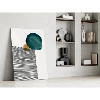 Modern teal gold circle glass wall art with bold striped pattern
