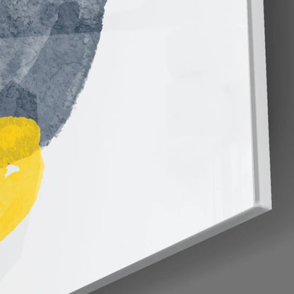 Bold yellow and gray abstract glass wall art print on white background