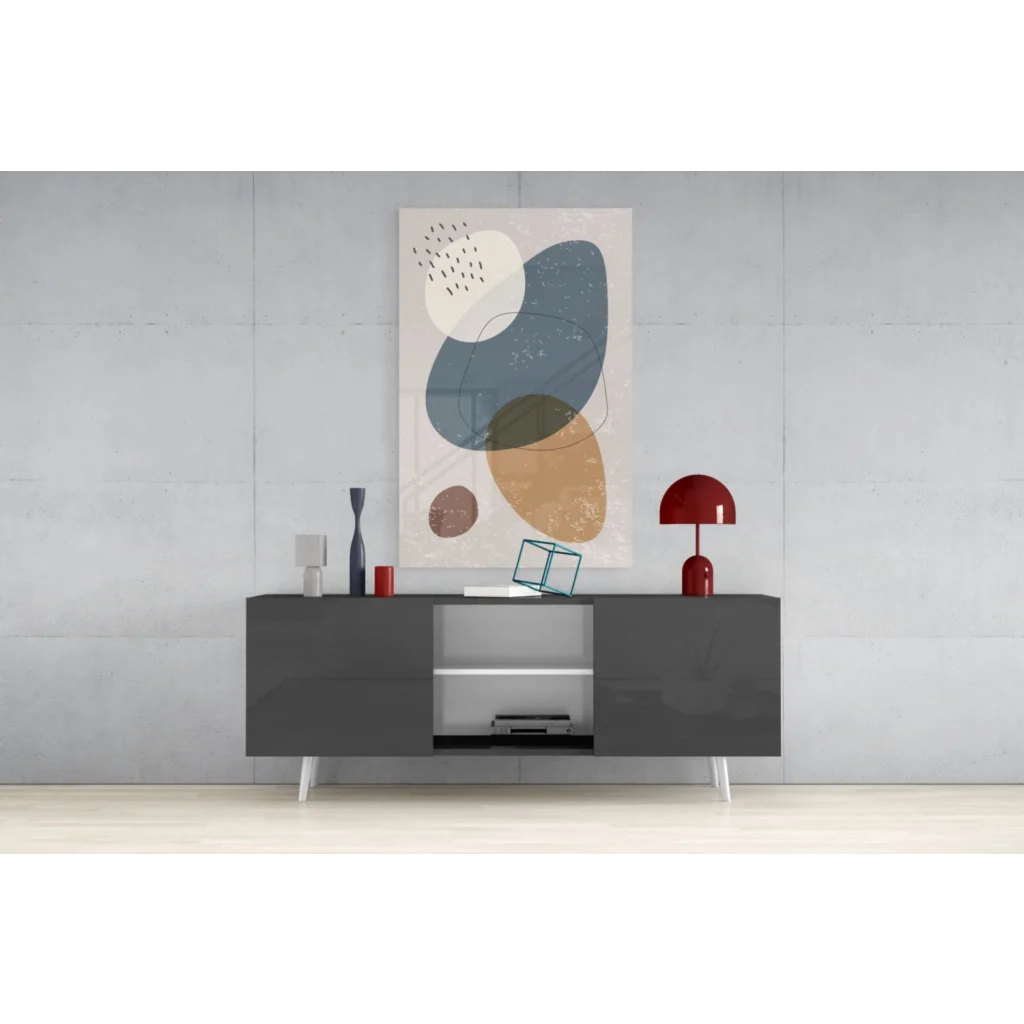 Stunning glass wall art with abstract geometric overlapping circles in muted blue, beige, and brown tones