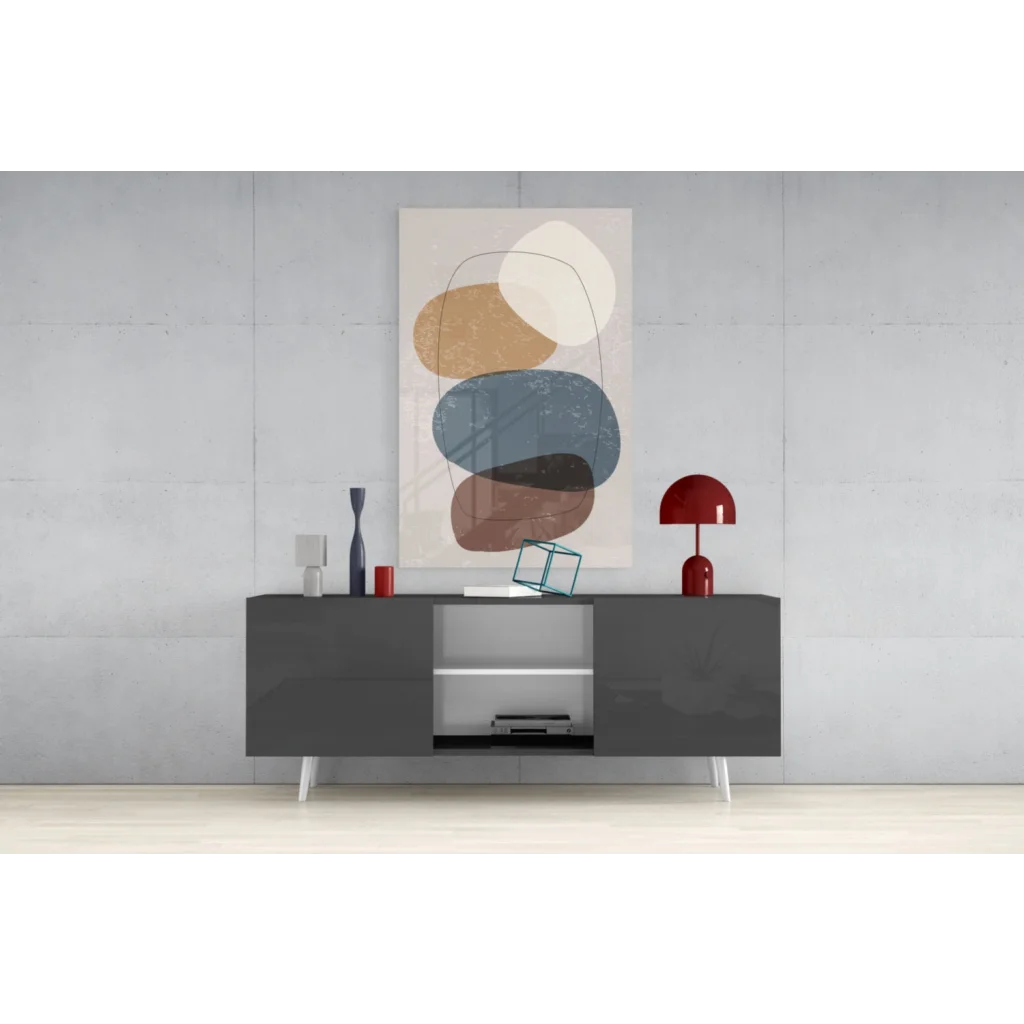 Modern gray sideboard with sleek minimalist design and white legs in glass wall art print