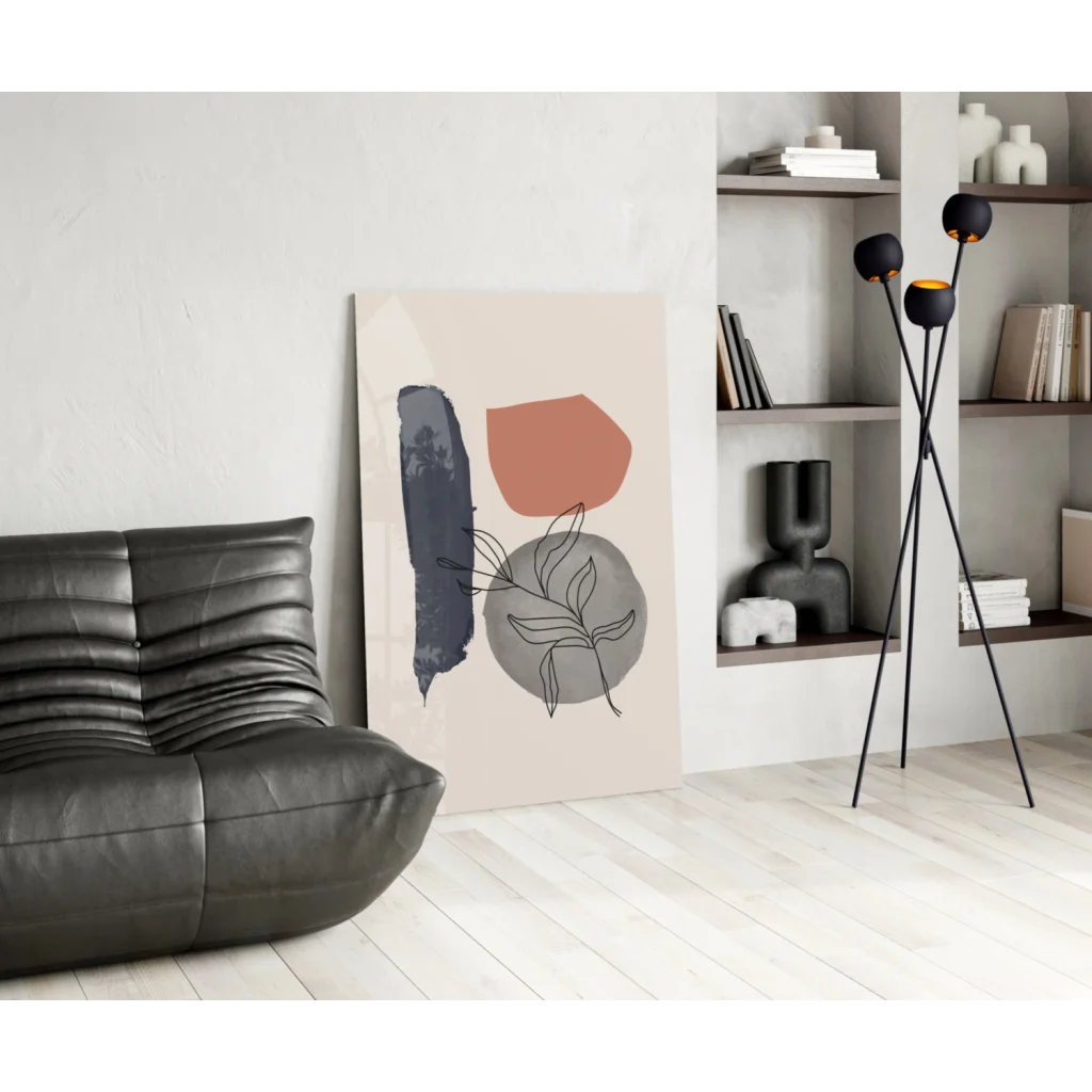 Modern bold geometric wall art canvas in navy, terracotta, gray on beige with leaf lines