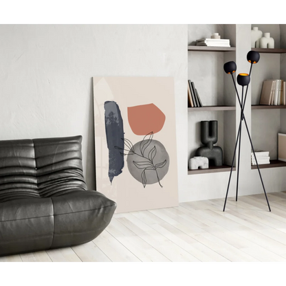 Modern bold geometric wall art canvas in navy, terracotta, gray on beige with leaf lines