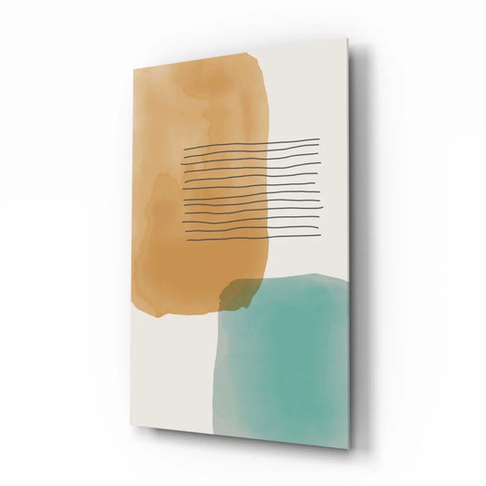 Stunning teal and amber abstract wall art canvas with tan teal watercolor washes and minimalist black lines