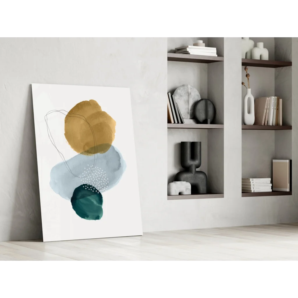 Stunning glass wall art: abstract gold, blue, teal splotches on canvas