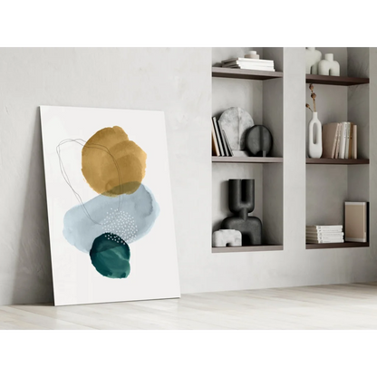 Stunning glass wall art: abstract gold, blue, teal splotches on canvas