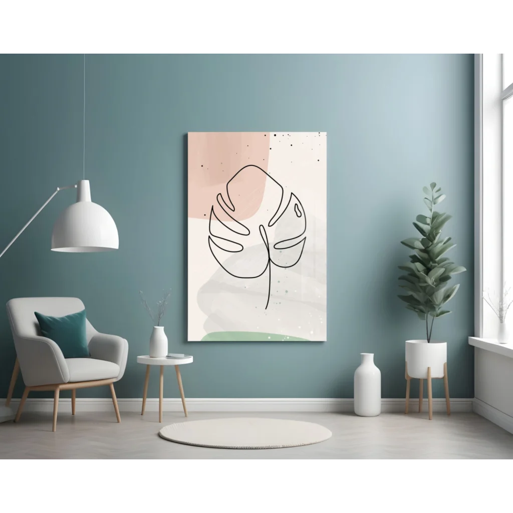 Minimalist monstera leaf wall art canvas print in soft pastel pink cream green