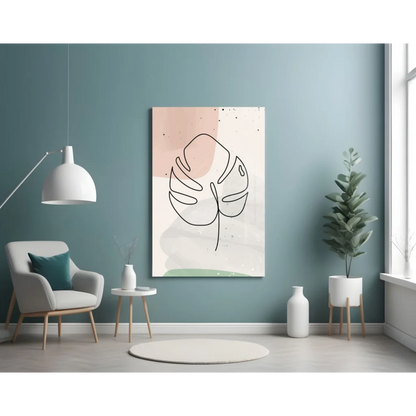 Minimalist monstera leaf wall art canvas print in soft pastel pink cream green