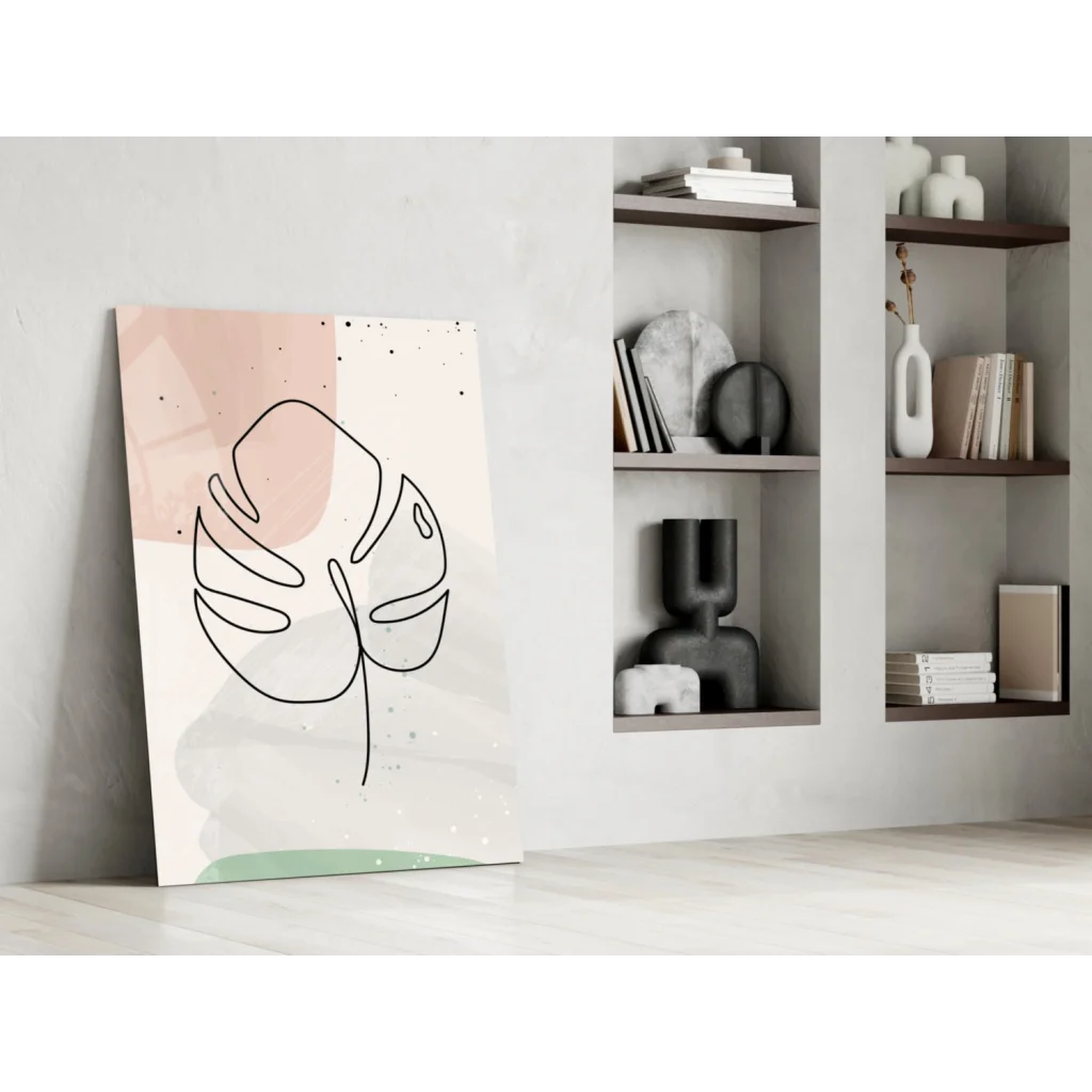 Minimalist black monstera leaf wall art print in soft pastel pink, cream, mint green