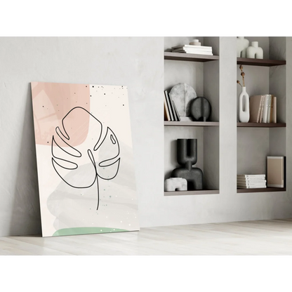 Minimalist black monstera leaf wall art print in soft pastel pink, cream, mint green