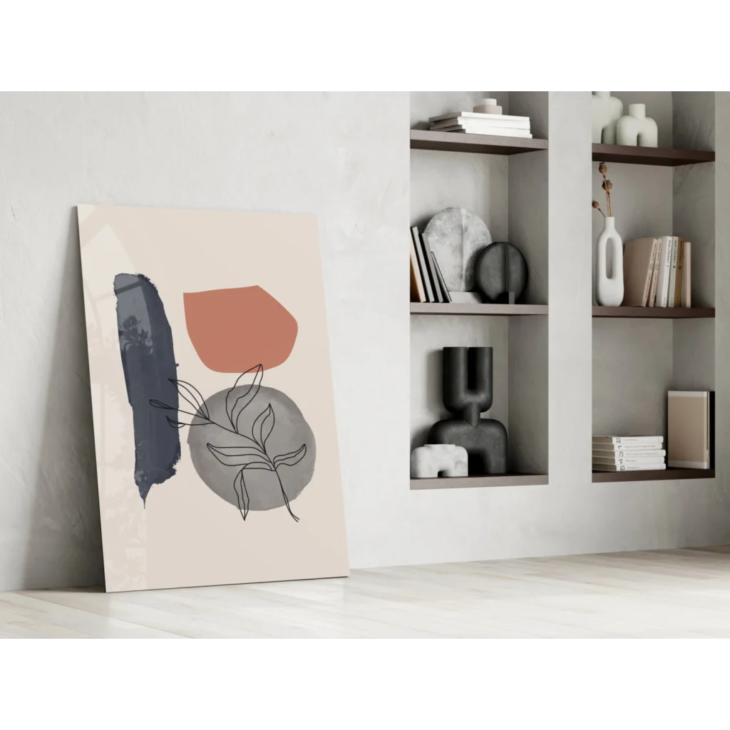 Beige abstract wall art canvas with bold navy terracotta geometric shapes and black leaf lines