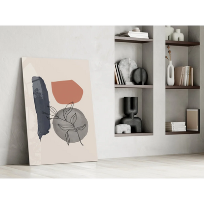 Beige abstract wall art canvas with bold navy terracotta geometric shapes and black leaf lines