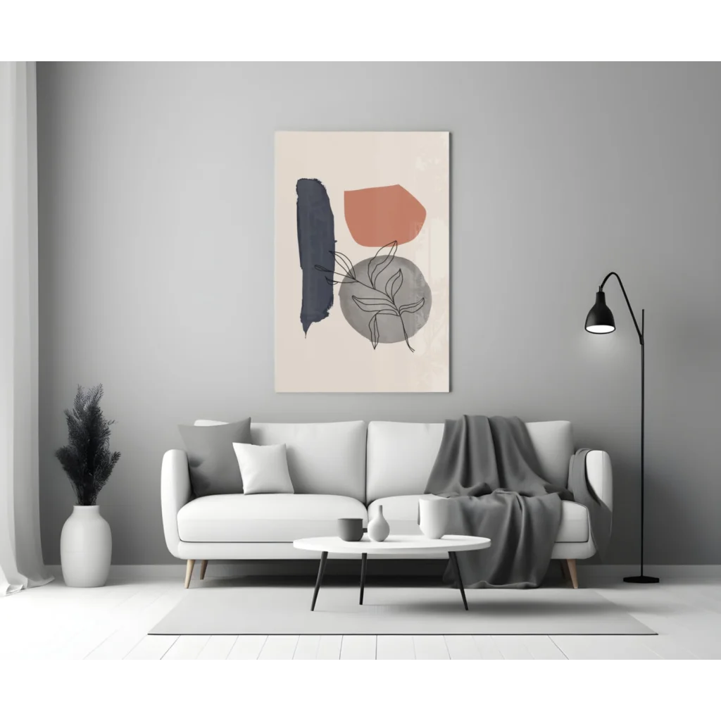 Bold geometric wall art canvas with navy, terracotta shapes and foliage